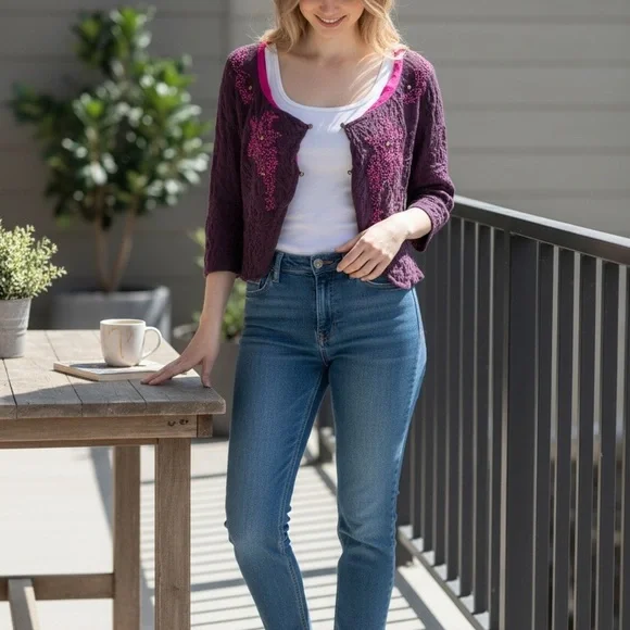 Free People Cardigan Crinkly Purple Pink Wool Silk Beaded Fairy Shrug | Sz L - Picture 6 of 16